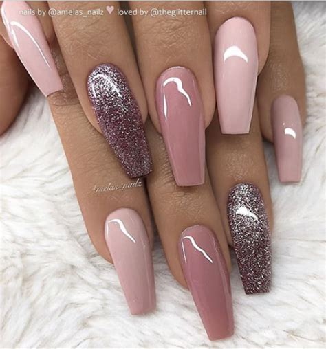 50 Pretty French Pink Ombre And Glitter On Long Acrylic Coffin Nails ...