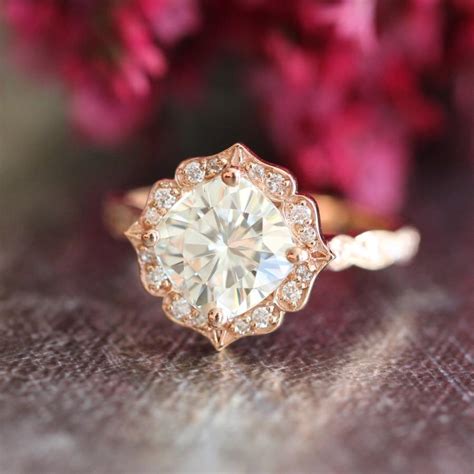 14k Rose Gold Moissanite Engagement Ring Vintage Floral Ring Scalloped ...