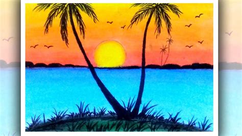 How to draw sea beach scenery | Sunset scenery drawing - YouTube