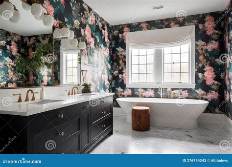 Floral Wallpaper in a Modern Bathroom Stock Illustration - Illustration ...