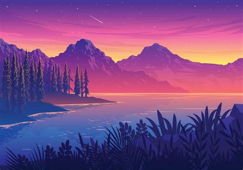 Sunset Lake Landscape Illustration 3623626 Vector Art at Vecteezy