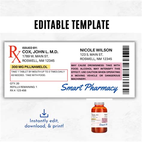 Prescription Label Template Editable Horizontal RX Bottle Label ...