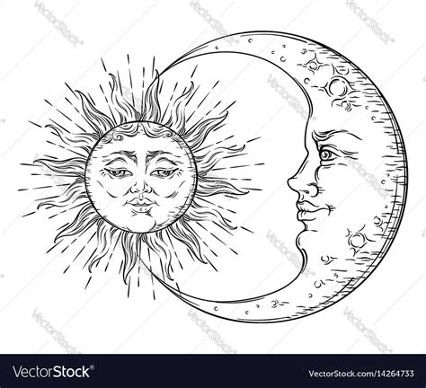 Antique hand drawn art sun and crescent moon Vector Image