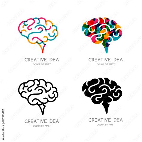 Vector brain logo, sign, or emblem design elements. Outline color human ...