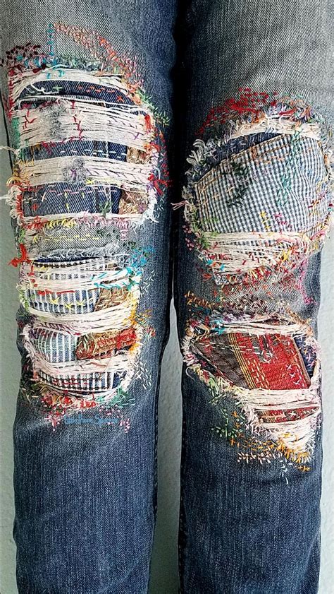 Boro embroidery patched jeans, distress girlfriend jeans, patchwork ...