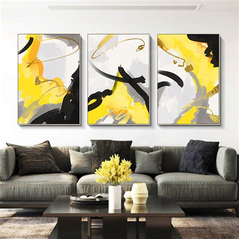 Mustard Yellow painting Gold art Set of 3 wall art Acrylic Paintings On ...