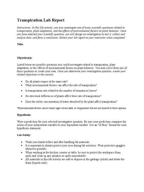 Transpiration Lab Report: Title | PDF | Experiment | Dependent And ...