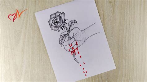 How to draw a hand holding rose and bleeding | Step by step pencil ...