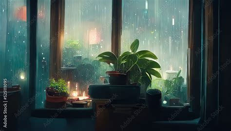 Lofi empty interior. Window view of a rainy day, anime, manga style ...