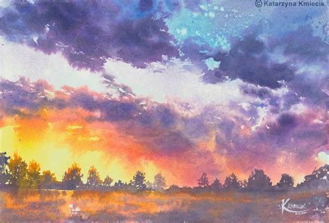 Atmospheric Sunset Watercolor Painting, Colorful Sky Watercolor ...