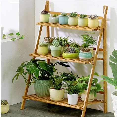 Garden Yard Bamboo Plant Stand Folding 3 Tier Hanging Multi Flower ...