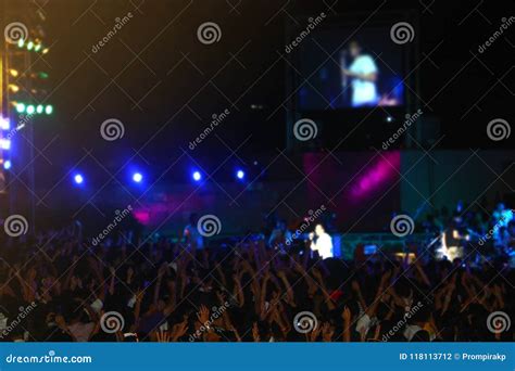 Crowd at Concert Music Festival. Happy People Raising Hands Up ...