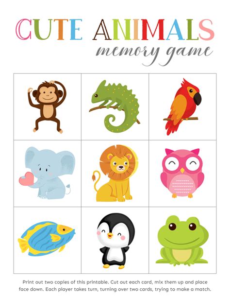 Free Printable Match the Animals Memory Games for Kids