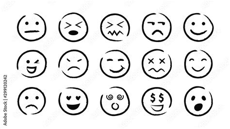 Hand drawn ink emojis faces. Vector doodle emoticons sketch, ink brush ...