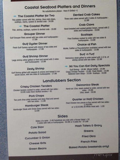 Menu of Coastal Restaurant in Panacea, FL 32346