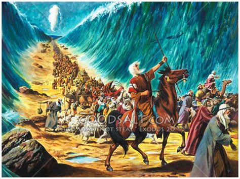 Moses leading the Israelites through the parted Red Sea; Moses is ...