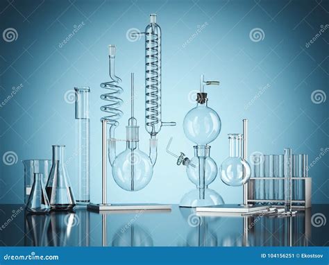 Glass Chemistry Lab Equipment on Blue Background. 3d Rendering Stock ...