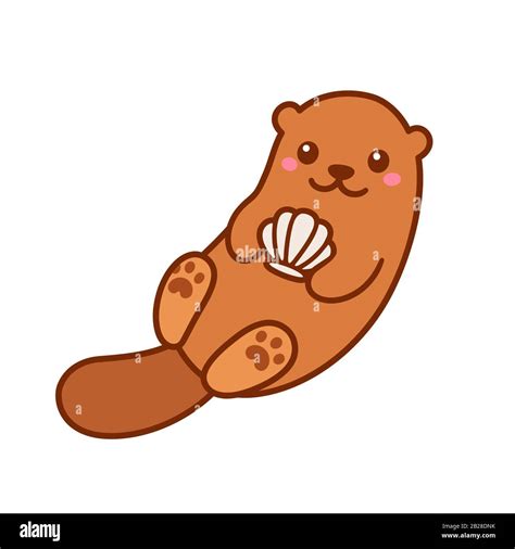 Cute cartoon otter holding seashell. Funny animal drawing in simple ...