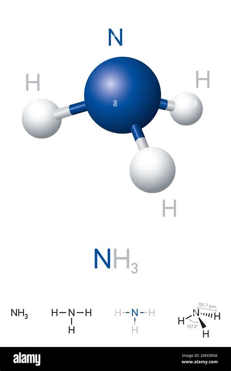 Ammonia, NH3, molecule model and chemical formula. Chemical compound of ...