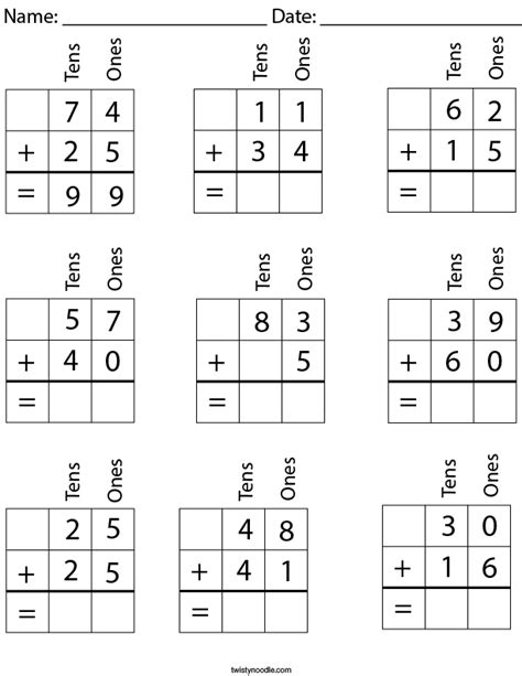 2 Digit Addition with Place Value Math Worksheet - Twisty Noodle