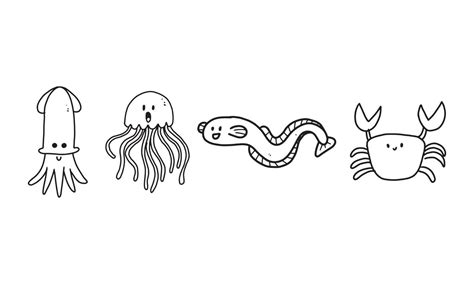 cute seafoods set. squid, jellyfish, eel, crab. sea animal cartoon ...