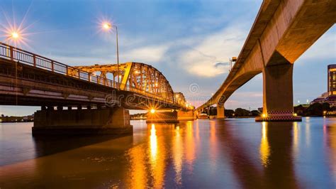 Metal Bridge Crossing River Night View Stock Photo - Image of ...