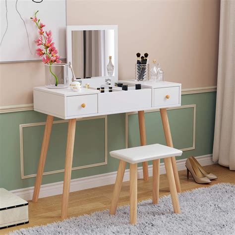 Coiffeuse blanche pour fille avec miroir à rabat et tabouret en cuir ...