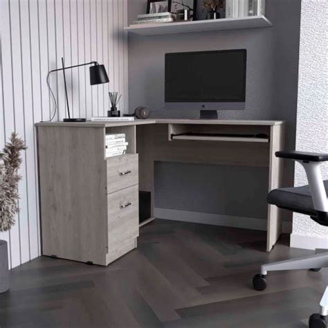 Idra L-Shaped Desk, Keyboard Tray, Two Drawers, One Open Shelf, Light ...