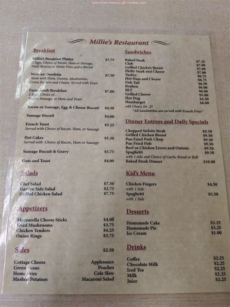 Menu at Millie's Restaurant, Middleport