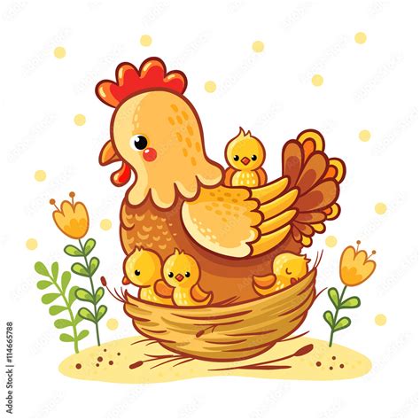 Cartoon hen and chickens isolated on background. Farm. Chicken family ...