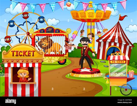 Amusement park with circus in cartoon style scene Stock Vector Image ...