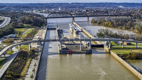 Locks and a dam on the Ohio River in Louisville, Kentucky Aerial Stock ...