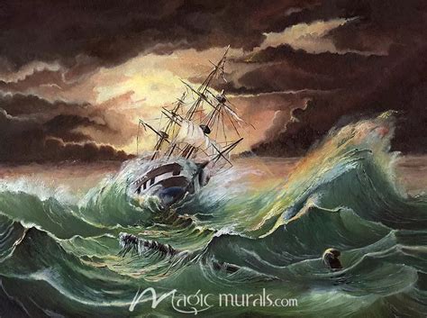 Three Masted Ship in Stormy Seas Mural by Magic Murals