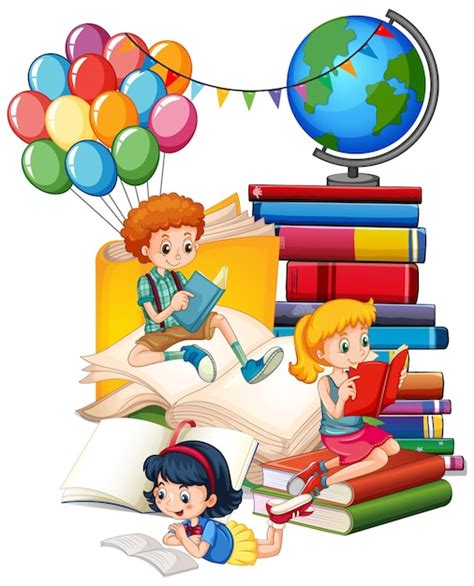 Free Vector | Three children are reading books on a stack of books