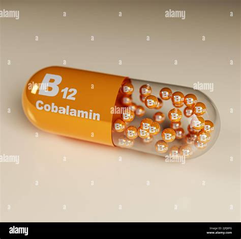 Vitamin B12, Cobalamin, b12 text on globules, capsules, 3d illustration ...