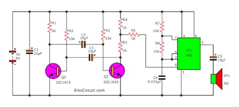 Make Police siren circuit using 555 timer, transistors and OP-AMP