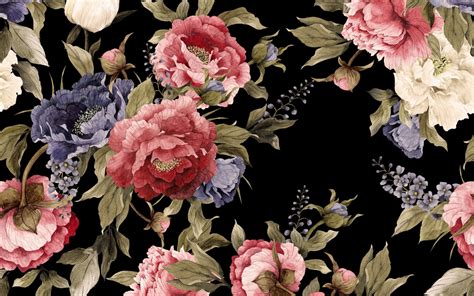 Download wallpapers retro texture with flowers, black background with ...