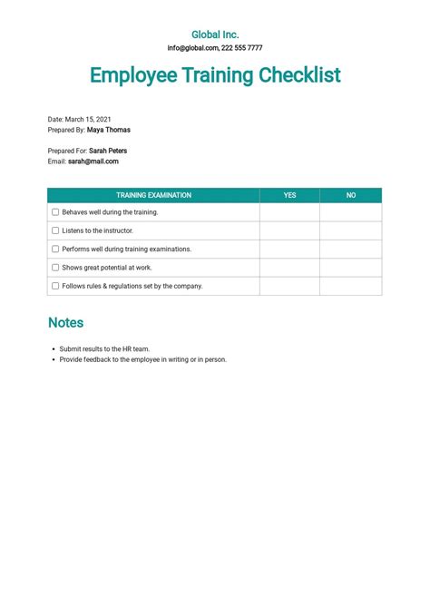 Free Training Checklist Template