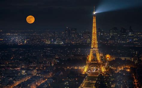 Download wallpapers Eiffel Tower, night, moon, Paris, France, city ...