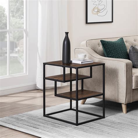 Walker Edison Contemporary Wood and Metal Tiered Side Table, Dark ...