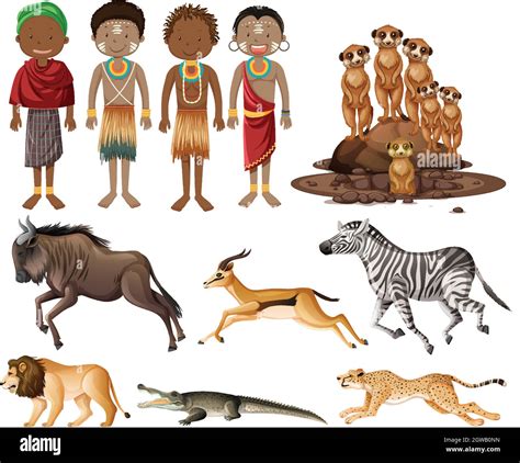 Set of people of African tribes and wild animals Stock Vector Image ...