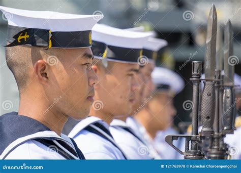 Royal Thai Navy Petty Officers In Summer White Uniform Hold M16 Rifles ...