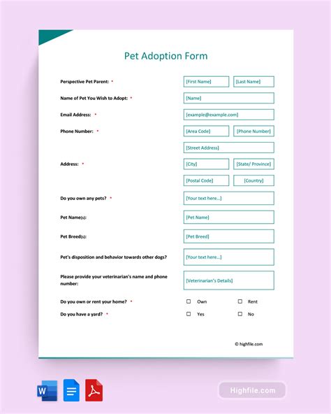 Free Pet Adoption Form Template - Word | PDF | Google Docs