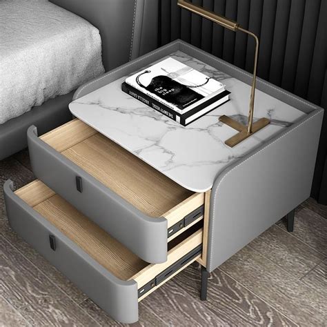 Gray Modern Luxury 2 Drawers Bedroom Nightstand Sintered Stone Bedside ...