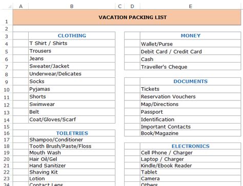 Vacation Itinerary & Packing List Template in Excel