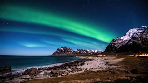 aurora borealis, northern lights, beach, scenery, lofoten islands ...