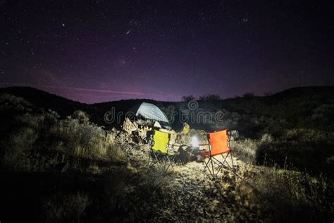 Night Camping with Tent in Desert with Scenic Night Sky with Stars ...