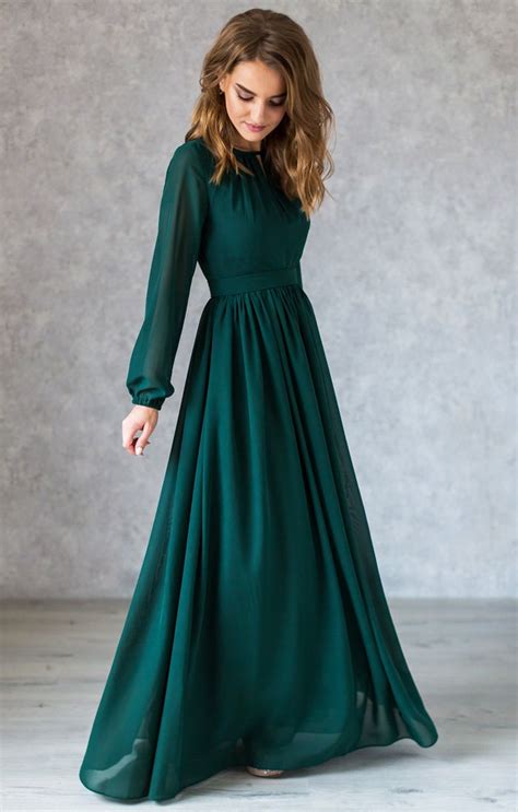 Flowy Emerald Green Dress With Long Sleeves / Green Chiffon - Etsy UK