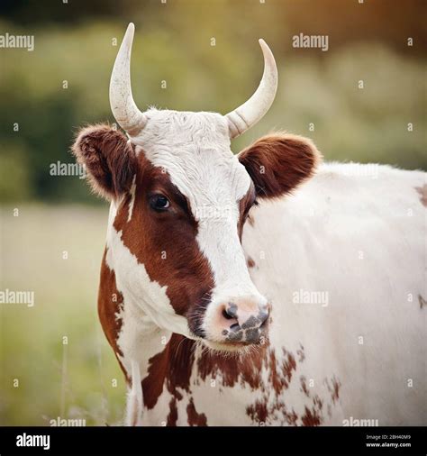 Portrait of a cow, white with red spots, on a pasture Stock Photo - Alamy