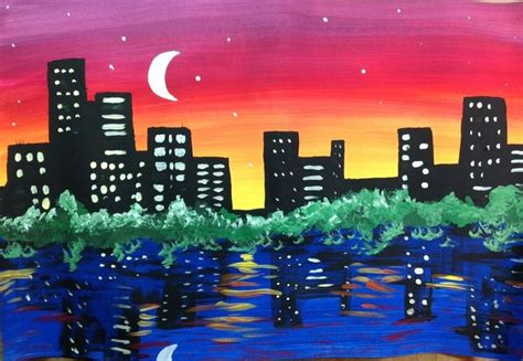 Night City SkyLine Painting Lesson | Skyline painting, Reflection ...